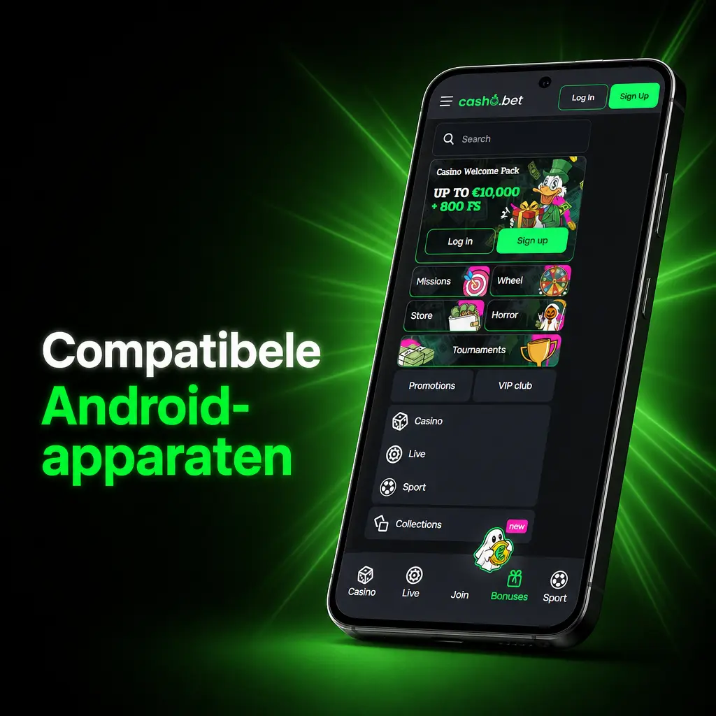 Compatibele Android-toestellen voor de CashoBet app, zoals Samsung Galaxy S23, Google Pixel 8 en OnePlus 11