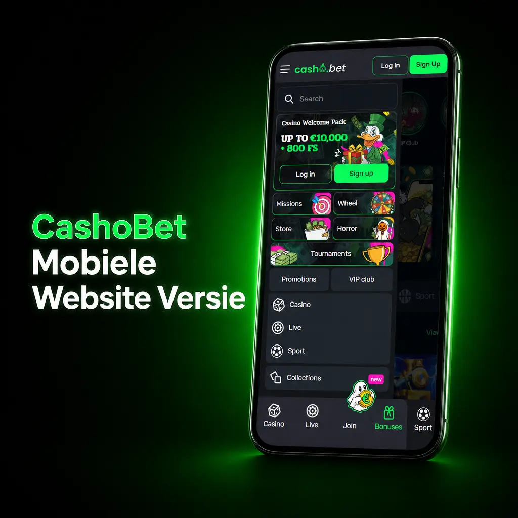 Mobiele website van CashoBet op smartphone met sportweddenschappen en casinospellen, toegankelijk zonder download.